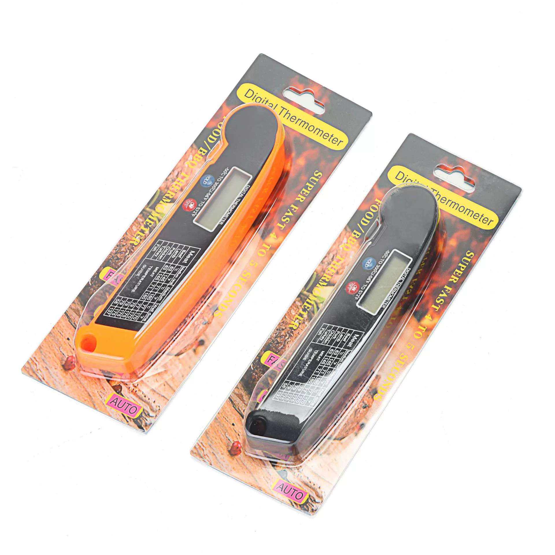 Thermometer (Amazon) folding meat probe, -50–200 °C range, AAA battery powered