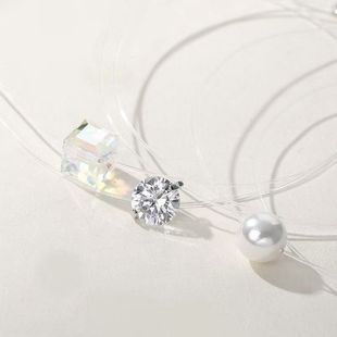Moissanite Summer Necklace Transparent Fishing Line Round Beads High-End Necklace Zircon Pendant Female Sugar Cube Small Fresh Clavicle Chain
