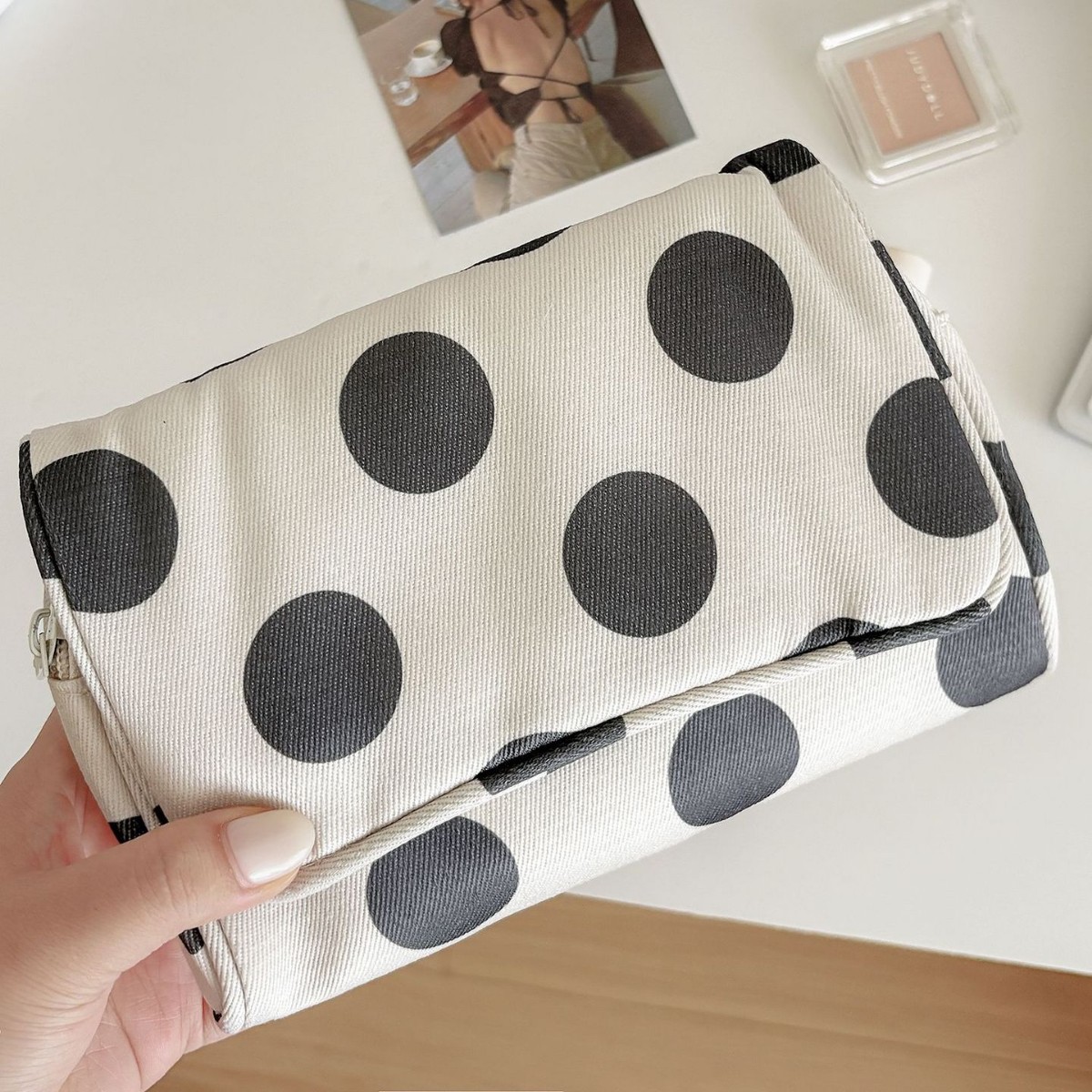 Large polka dot canvas makeup bag, niche, portable, high aesthetic value, large capacity, with mirror, lightweight travel storage bag