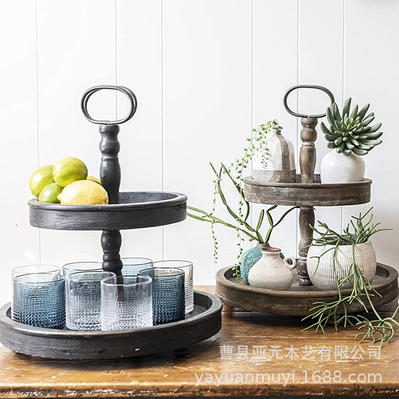 Tongmu Double-Layer Tray in Rustic Farmhouse Style, Round Decorative Dessert and Cake Display Tray with Vintage Design, Made of Wood