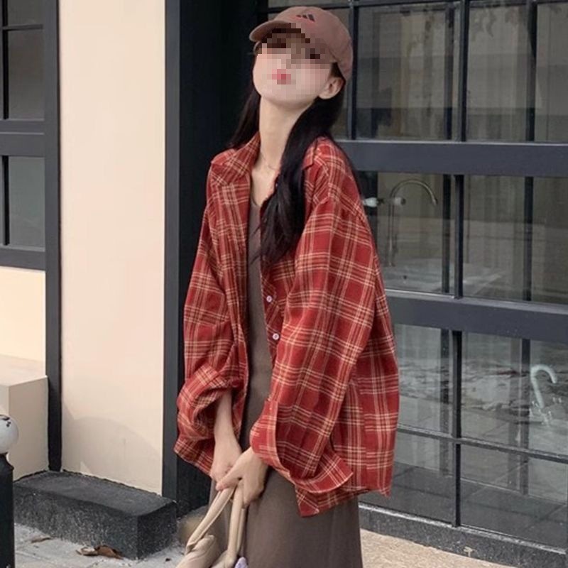 格子衬衫女款春秋休闲衬衣外套休闲长袖上衣女设计感小众显瘦露肩