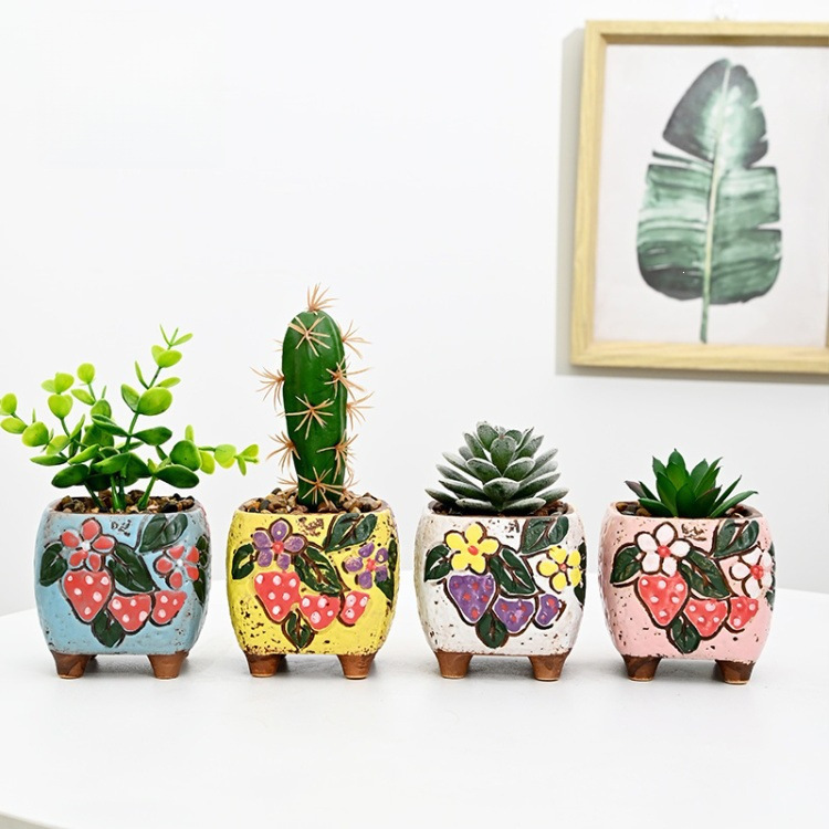 New Style Succulent Flower Pot, Korean-Style Hand-Painted Relief Coarse Pottery Breathable Ceramic Mini Thumb-Sized Pot for Succulent Plants New Style Succulent Flower Pot, Korean-Style Hand-Painted Relief Coarse Pottery Breathable Ceramic Mini Thumb-Sized Pot for Succulent Plants