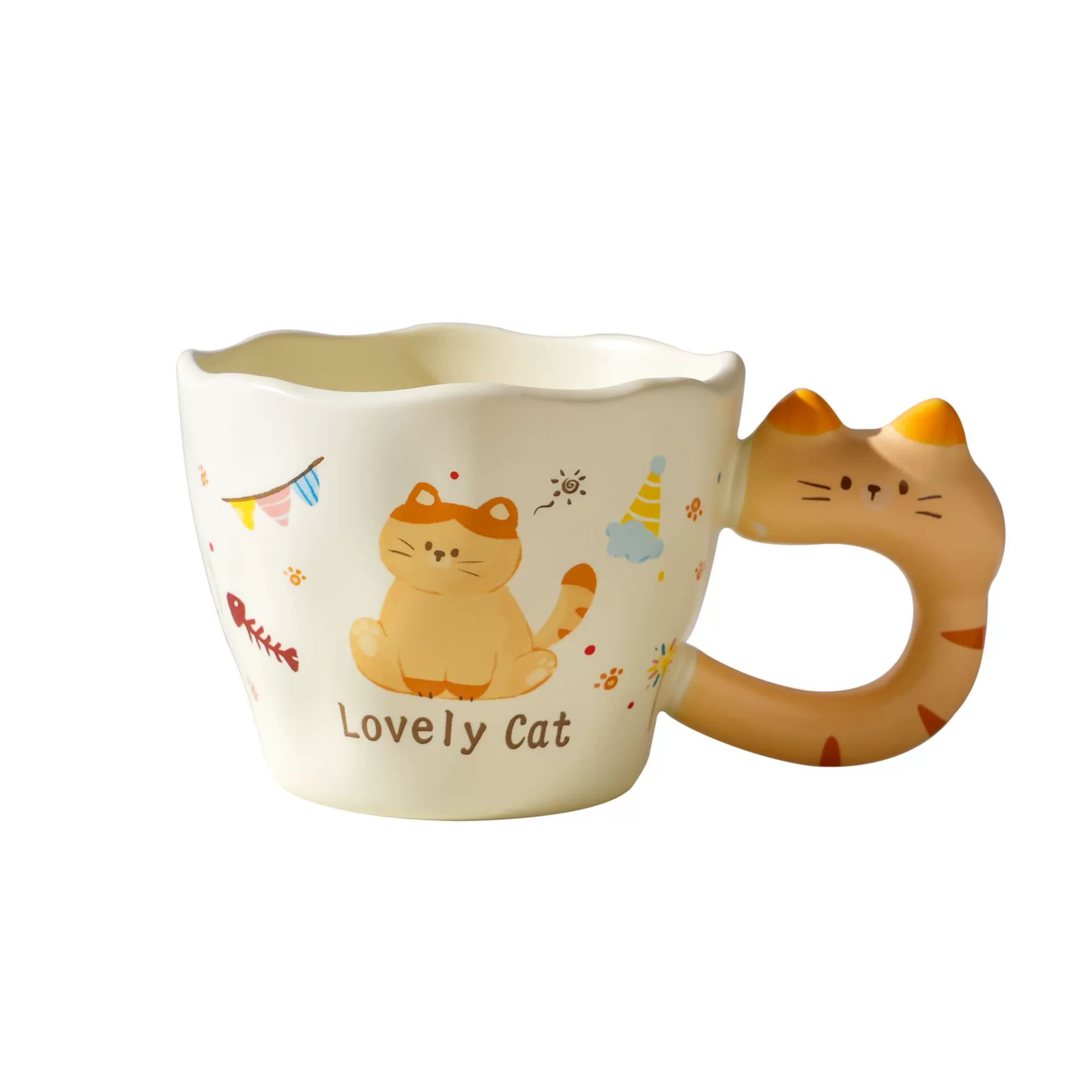 Ceramic Cat Mug with Lid, 400 ml, Cute Cat-Handle Coffee Cup