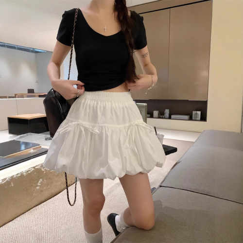 Design style bow tie fluffy skirt white skirt for women's summer sweet A-line short skirt flower bud skirt