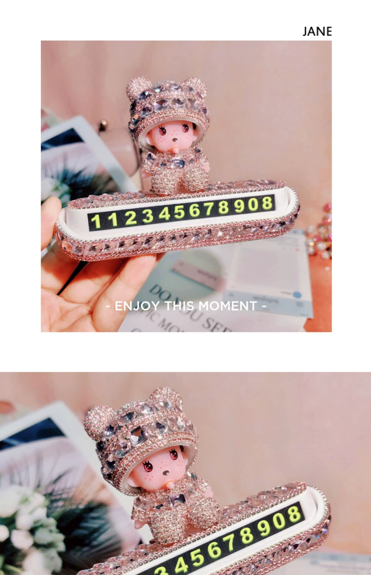 Car temporary parking number plate, car parking sign ornament, diamond-encrusted, popular style for girls