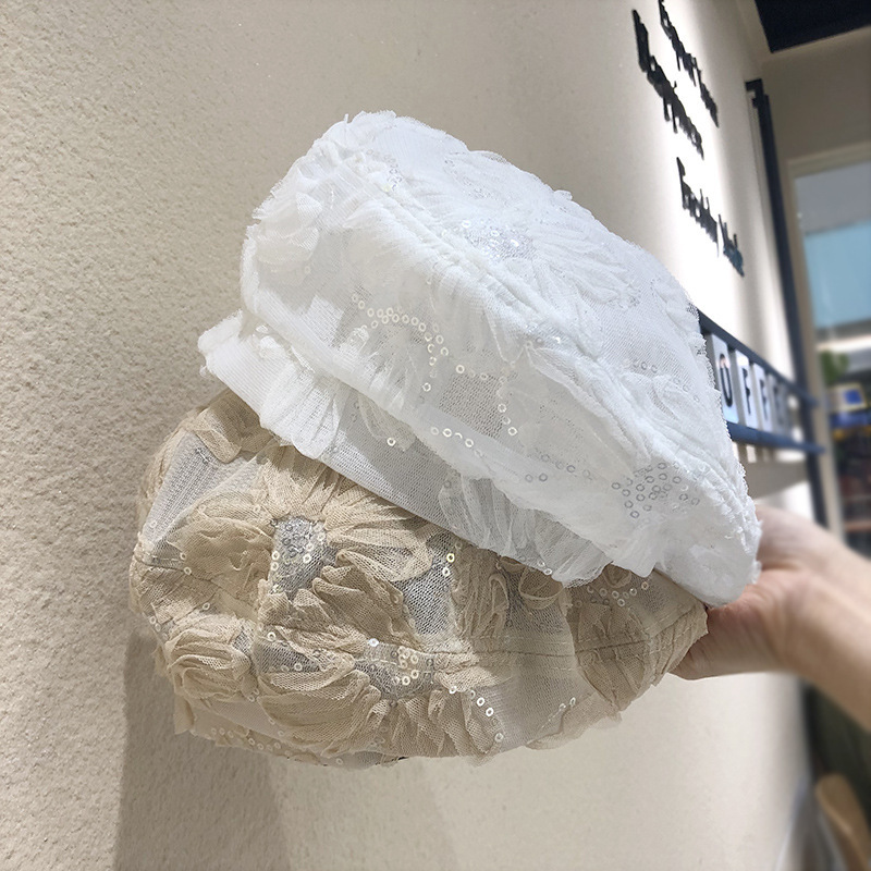 Korean Internet Celebrity Style Summer Sequin Lace Black Beret for Women, Trendy Thin Fashion British Artist Hat for Summer