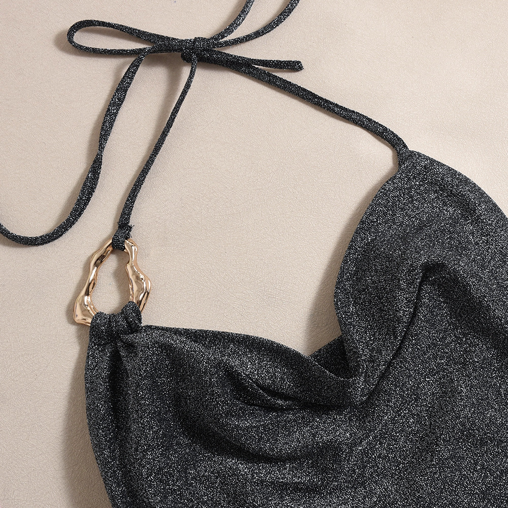 Women Spring Summer Silver Silk Cropped Irregular Asymmetric Strap Dress Women