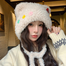 可爱小熊毛绒帽子女纽扣甜美系带套头帽秋冬显脸小保暖护耳包头帽