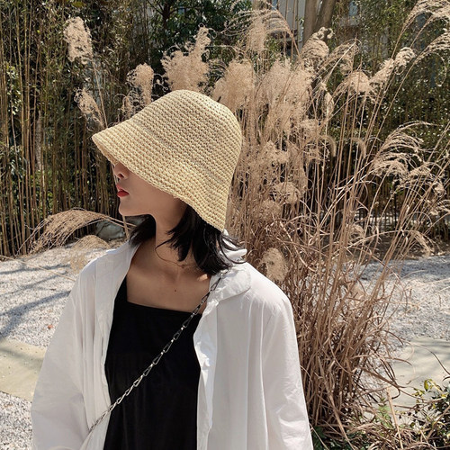 Foldable Hand-woven Bucket Hat Fisherman Hat for Girls, Korean Style Summer Grass Hat Beach Hat, Fresh and Natural Sun Hat