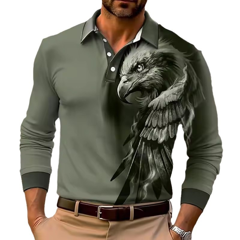 2024 venta caliente águila 3D impresión digital hombres malla suelta transpirable manga larga botones cuello jersey POLO