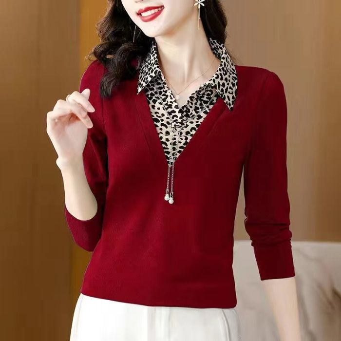 New Stylish T-Shirt for Women, Fake Two-Piece Top, Long-Sleeved Autumn Outfit for Mothers, High-End T-Shirt, Small Shirt, Plus-Size Base Shirt