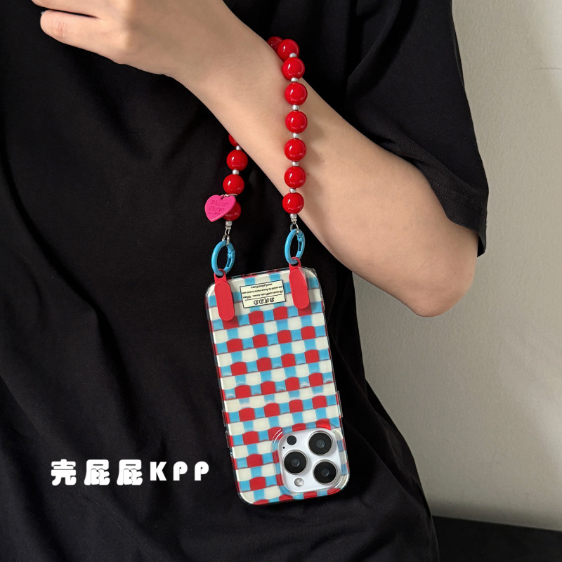复古蓝红格子撞色ins手提适用iPhone16pro max苹果15手机壳14女13|undefined
