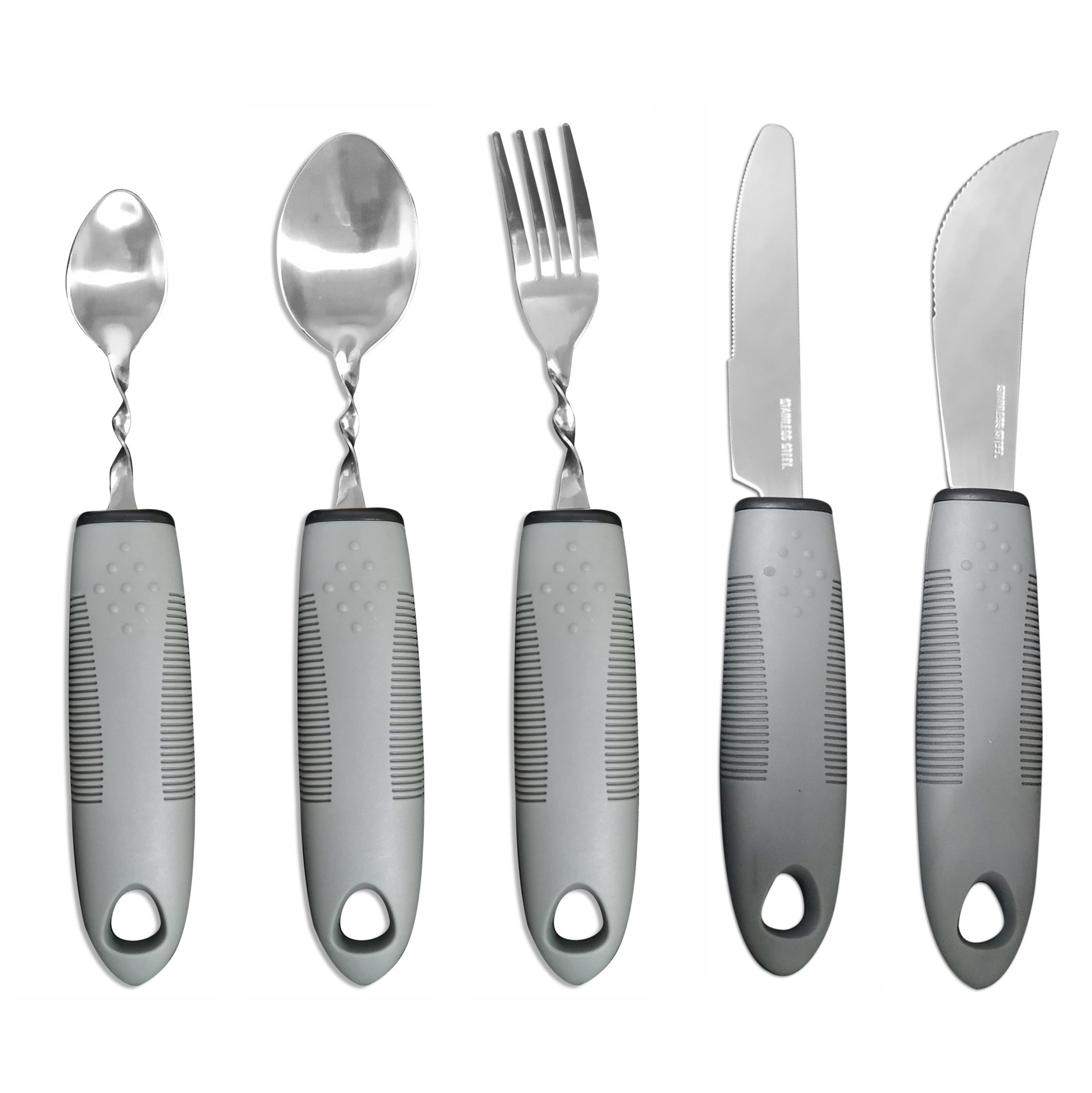 Mango transfronterizo de caucho y plástico de acero inoxidable antivibración, plegable adaptable y doblado para ancianos, vajilla de rehabilitación de alimentos, juego de cuchillos, tenedores y cucharas