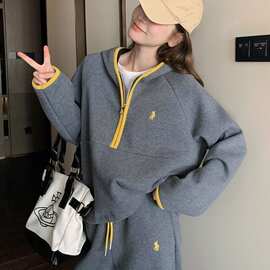 大码灰色运动休闲卫衣套装女2025秋季超火慵懒风宽松阔腿裤两件套
