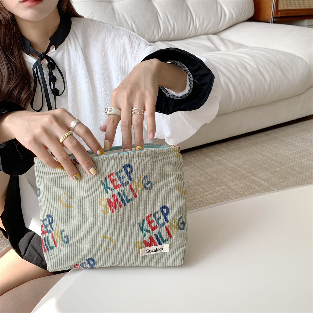 38181 New 2023 Corduroy cosmetic Bag, Letter smiley face storage, washroom clutch, Mobile phone wallet, Pen case undefined