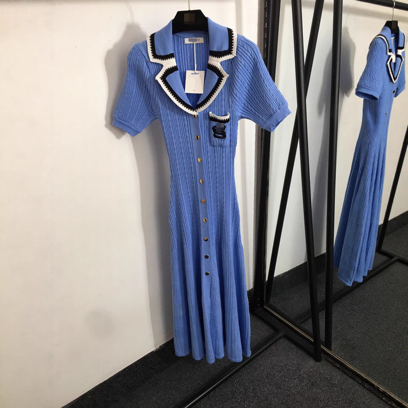 Cross-Border Foreign Trade French Gown for Women, New Style Polo Collar Embroidered Long Dress, Elegant and Slim-Fit Knitted Dress