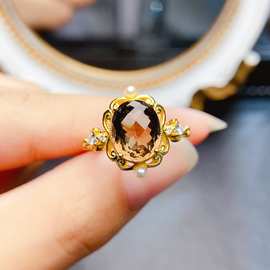 新款天然茶水晶戒指S925银镶嵌主石8*10mm百搭网红爆款女饰批发