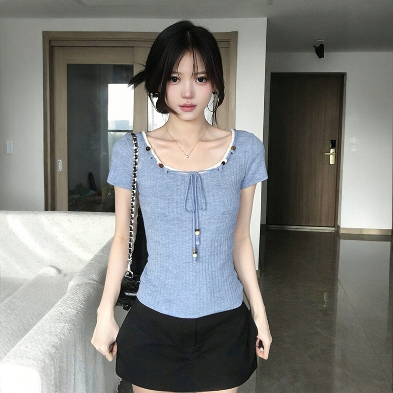 Korean-Style Textured Lace-Trimmed Short-Sleeve T-Shirt for Women, Summer Design with Ethnic Style Beading, Waist-Cinching Slimming Top Korean-Style Textured Lace-Trimmed Short-Sleeve T-Shirt for Women, Summer Design with Ethnic Style Beading, Waist-Cinching Slimming Top