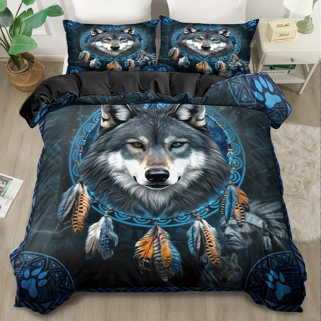 TEMU / JIT impresión digital abrasión edredón retrógrado wolf totem estilo nacional kit textil se puede diseñar
