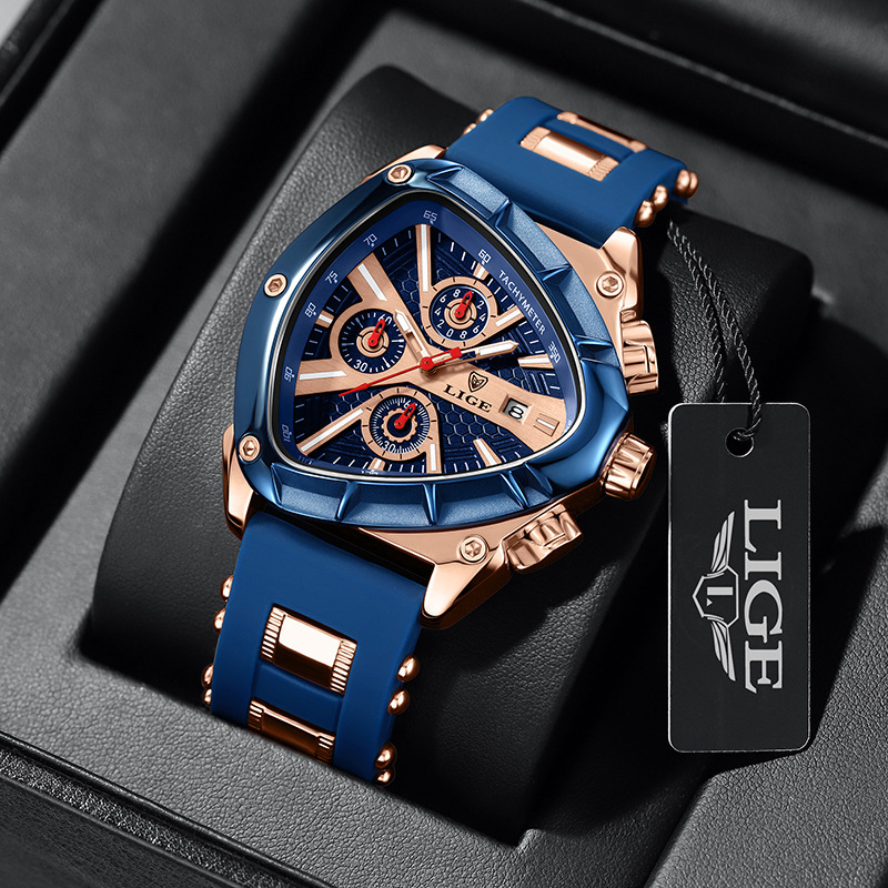 Lige New Cross-Border Foreign Trade Model with Triangular Design and High Aesthetic Value Silicone Strap Men's Sports Watch