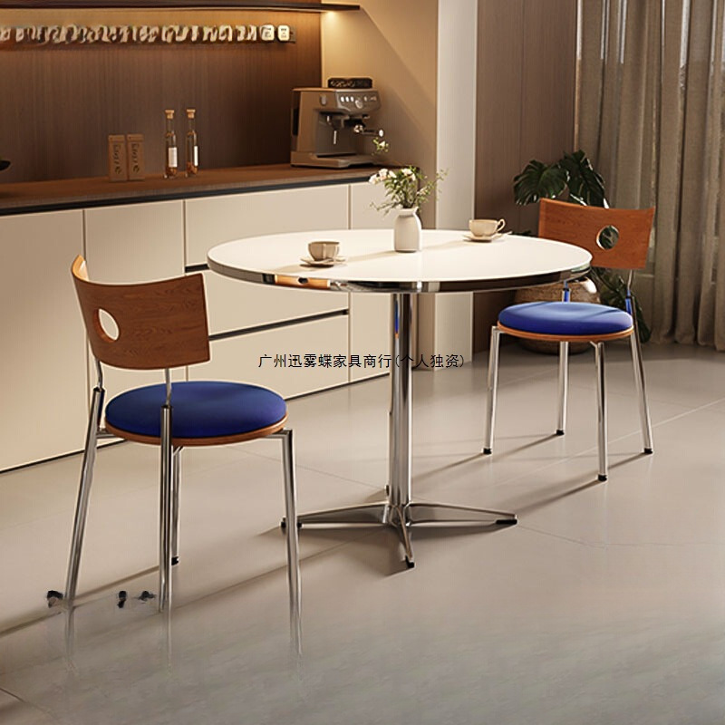 French Mid-Century Style Dining Table and Chairs Solid Wood Balcony Table and Chair Set Stainless Steel American Retro Eames Round Table