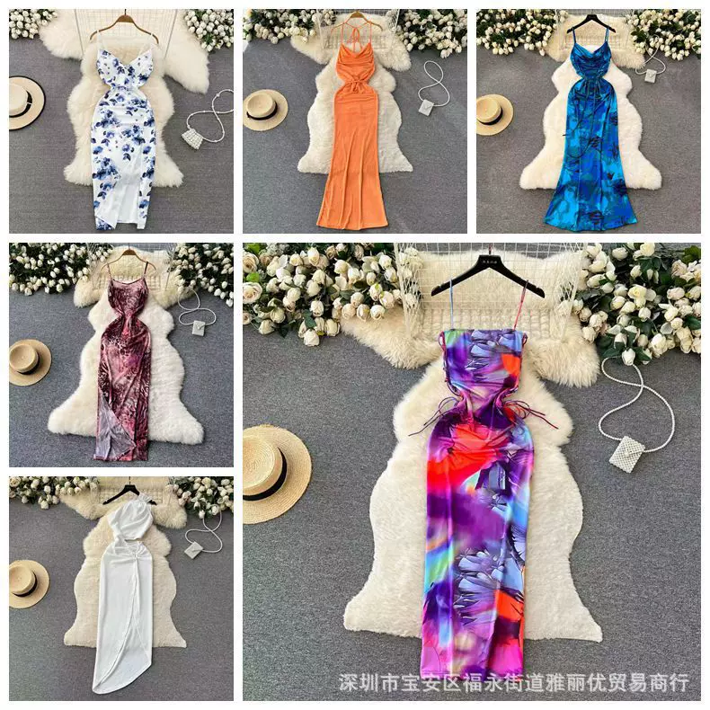 亚马逊欧美辣妹吊带长裙女装夏季绑带设计感紧身包臀裙混色混款