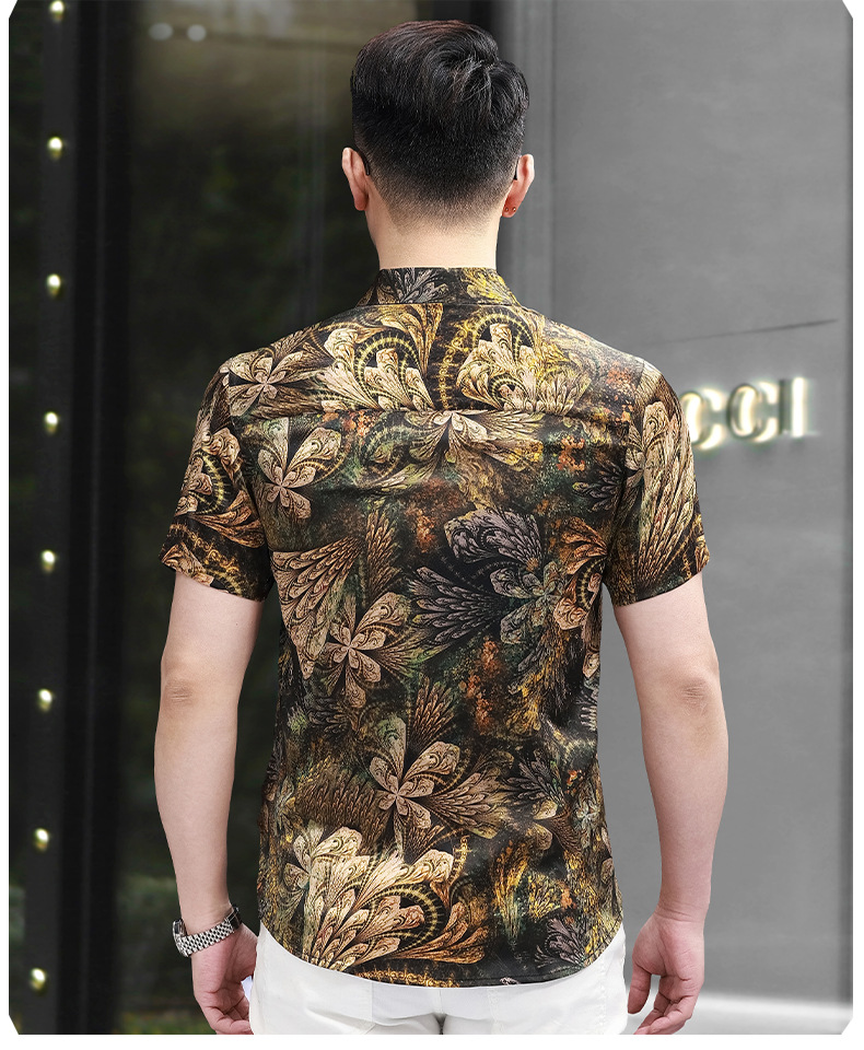 Áo sơ mi nam tay ngắn lụa satin in hoa cao cấp mùa hè — Màu hình 5316 chi tiết 13