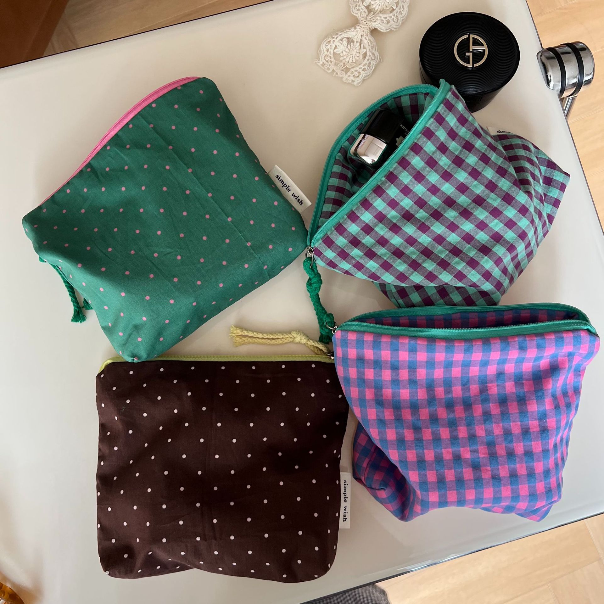 【Suxi Cloth Bag】Vintage Plaid Polka Dot Small Makeup Bag Touch-up Pouch Toiletry Storage Small Cloth Bag with Zipper