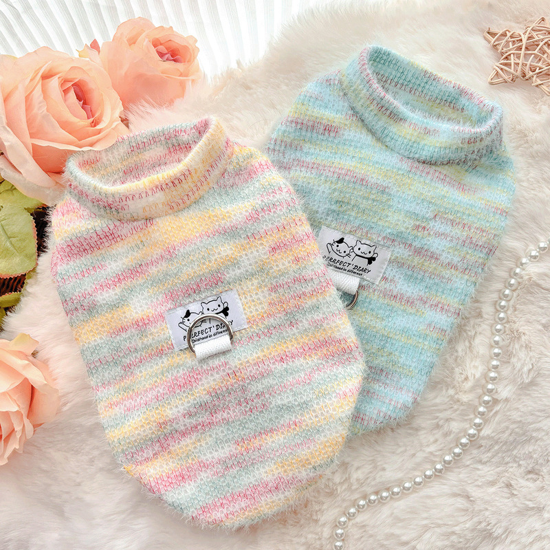 Pet Autumn and Winter Knitted Sweater Bichon Teddy Pomeranian Small Dog Cat Clothes Long-Sleeved Simple Fleece-Lined Elastic