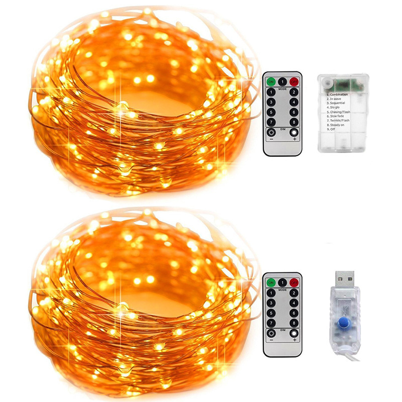 遥控led灯串批发8功能防水电池盒铜线灯节日氛围圣诞装饰铜丝彩灯