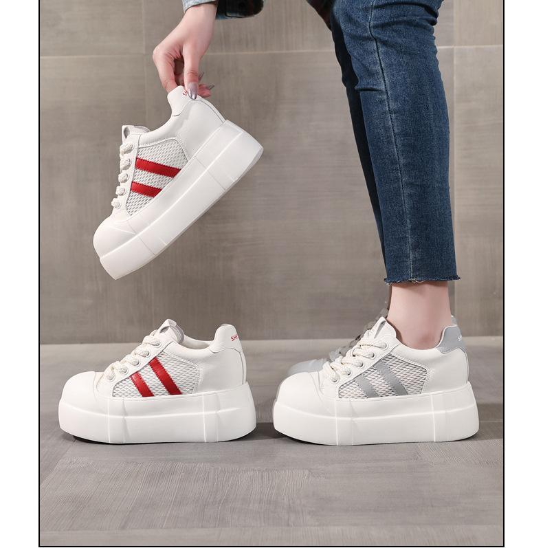Giày sneaker nữ đế dày tăng chiều cao phong cách trắng basic — Trắng Đỏ chi tiết 16