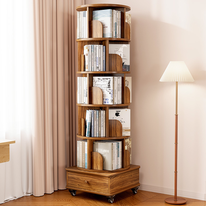 Rotating Bookshelf 360-Degree Floor-Standing Book Storage Rack for Living Room, Household Wheeled Mobile Student Picture Book Cabinet