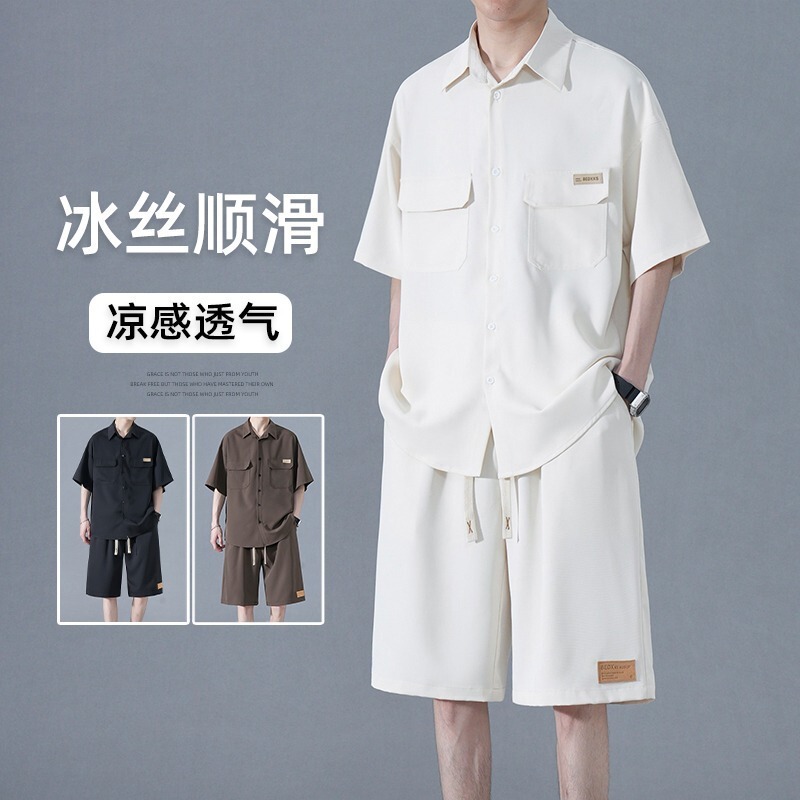 Short Sleeve Shirt suit Boys Summer Thin Hong Kong Style Loose plus size Shorts Ice Silk Sports Shorts Two-piece Set