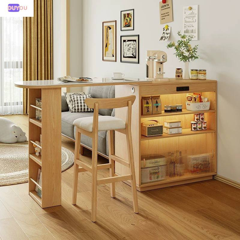Барный стол из массива дерева в скандинавском стиле, встроенный буфет, небольшой обеденный стол для гостиной в квартире, островной обеденный стол, выдвижная перегородка для хранения