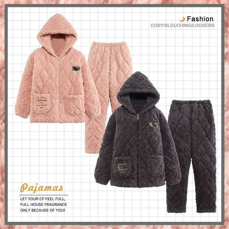 Jiao Caimeng pijamas de pareja de invierno coral polar de tres capas acolchadas engrosadas franela de hombres y mujeres estilo coreano Otoño e Invierno