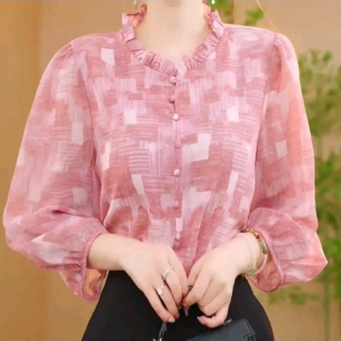 Fashionable Casual Women's Clothing for Middle-Aged and Elderly Ladies, Chiffon Printed Three-Quarter Sleeve Thin Top, Elegant