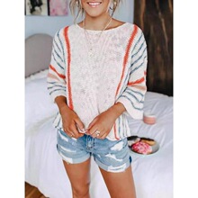 Womens Striped Print Round Neck Cover Up Sweater Casual