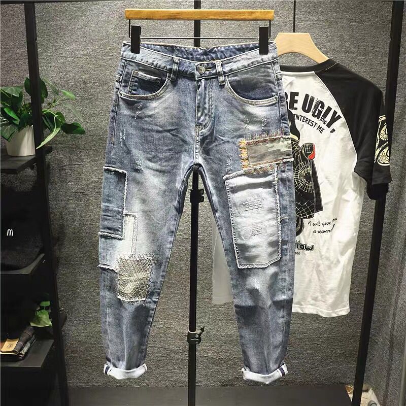 Patch Ripped Jeans Men's Korean Style Stitching Ankle-length Pants Spring and Autumn New Fashion Brand Casual All-match Skinny Pants Patch Ripped Jeans Men's Korean Style Stitching Ankle-length Pants Spring and Autumn New Fashion Brand Casual All-match Skinny Pants