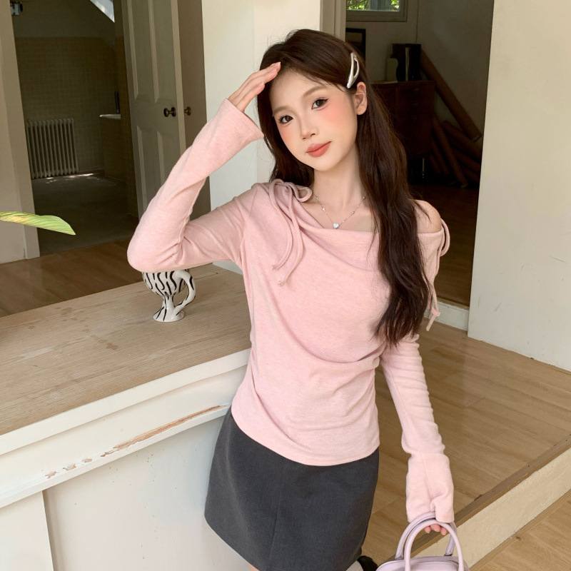 实拍#内搭打底衫女装2025新款秋季韩系荡领褶皱收腰短款T恤女|undefined