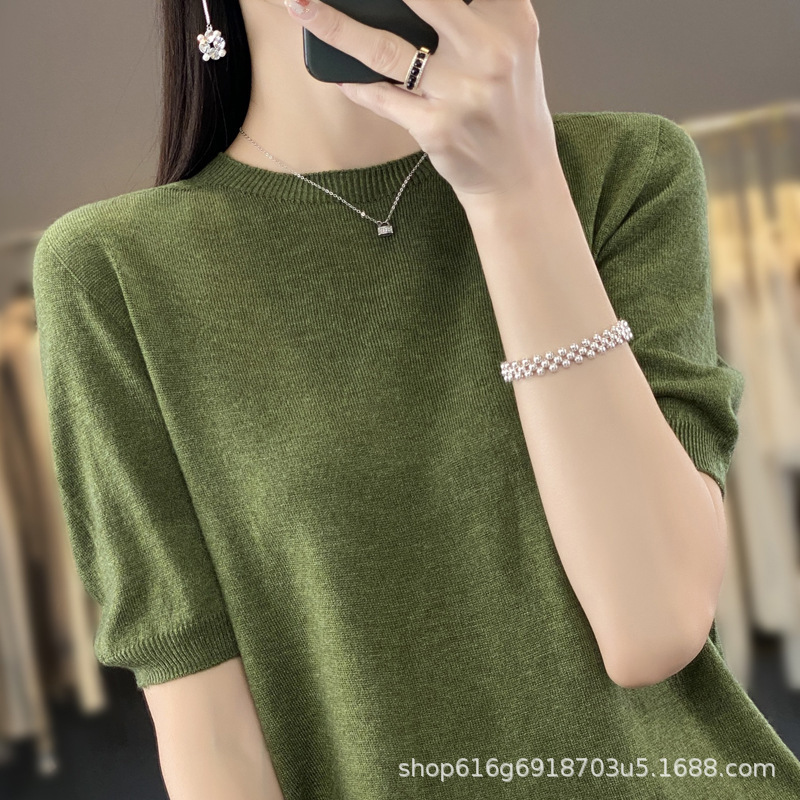 First-line clothing thin ultra-fine worsted short-sleeved sweater women's summer round neck loose knitted bottoming shirt half-sleeve T-shirt