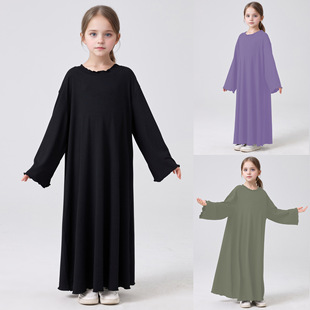 Middle East Girls Abaya Knitted dress Wave Edge Solid Color Robe MSL1023