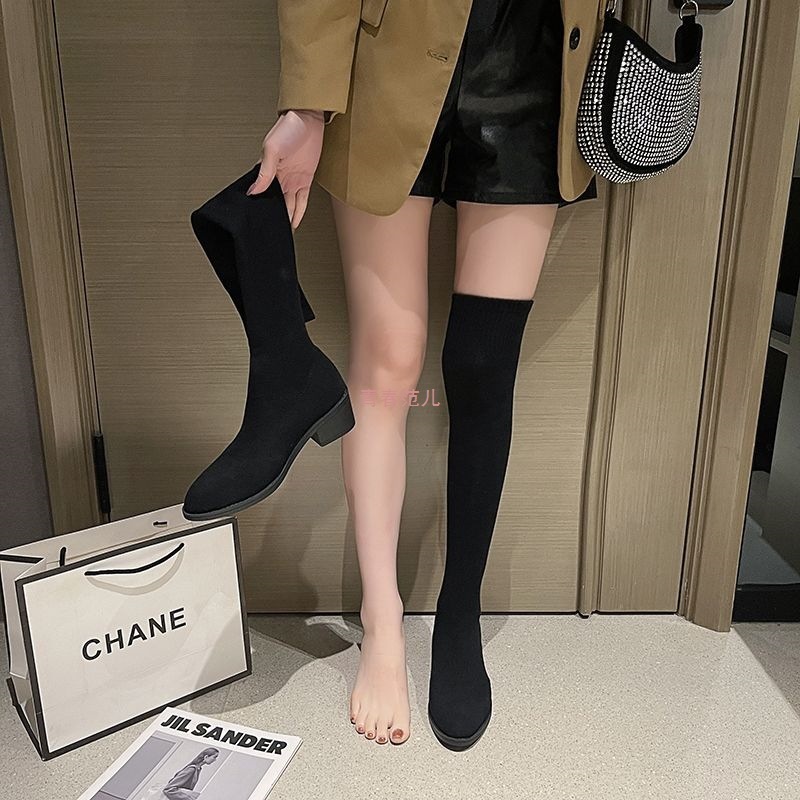 弹力袜子靴女2025春秋款百搭长筒连袜过膝靴女粗跟尖头瘦瘦靴大码|undefined