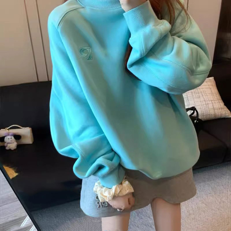 Nanyou Classy Lake Blue Letter Embroidered Pullover Sweatshirt Women's Jacket Autum Small Loose Top Trendy 3434