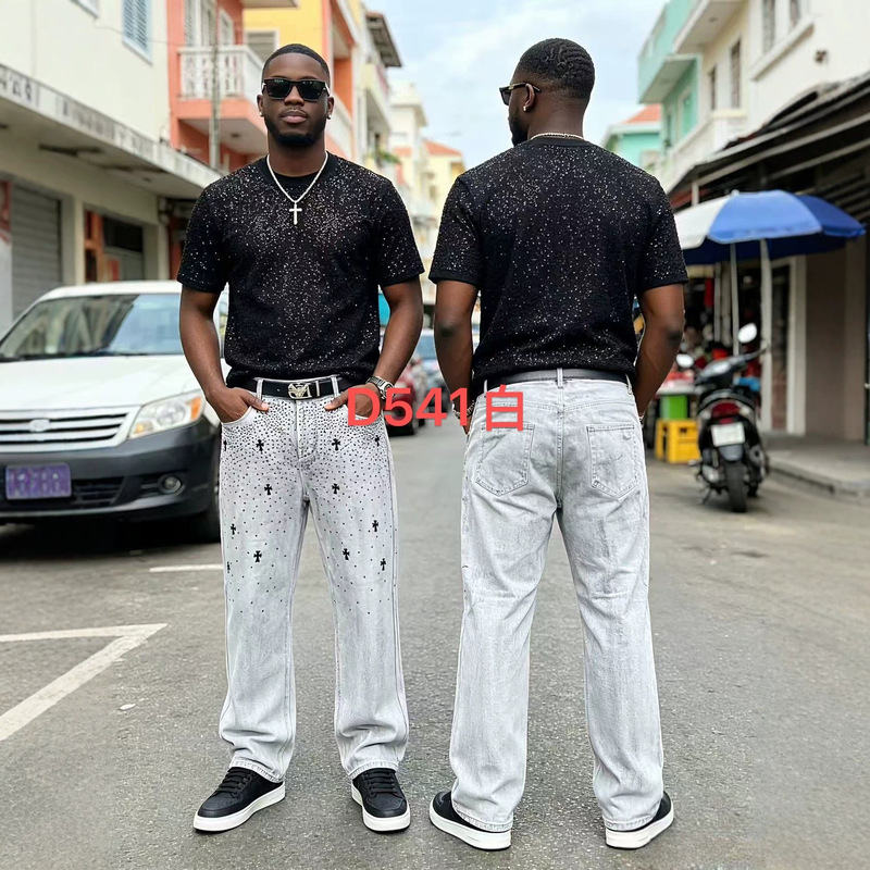 2026 New Foreign Trade Cross-Border European and American Style Men's Jeans with Starry Rhinestones and Cross Design Long Pants Jeans Men