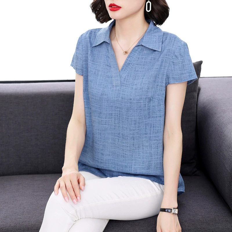 Рубашка из хлопка и льна, женская летняя тонкая Свободная Повседневная льняная рубашка больших размеров для полных девочек среднего возраста, покрывающая живот матери, стройнящий Повседневный льняной Топ