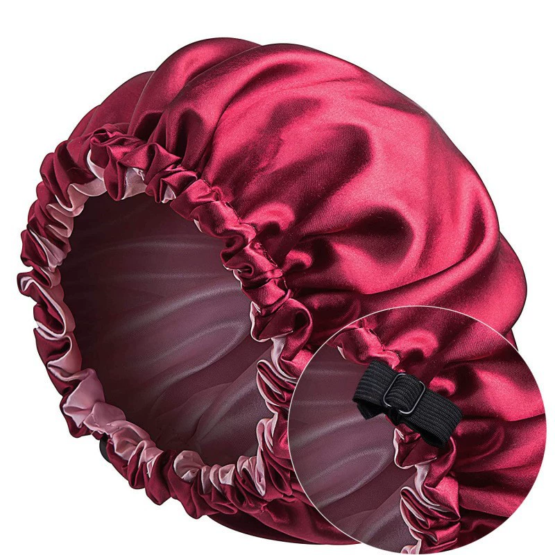 Double‑sided satin nightcap, adjustable women's pullover beanie, enlarged head circumference, silky lining