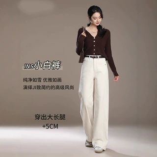 米白色牛仔裤女秋季2026新款宽松拖地阔腿裤窄版高腰百搭直筒长裤
