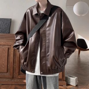American Style Retro Leather Jacket Men's Spring and Autumn High-end Feeling Duffy Handsome Trendy Brand Casual Loose Leather Lapel Jacket