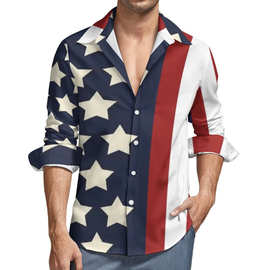 亚马逊数码印印刷休闲衬衫男士的星条纹衬衫四季时尚衬衫长
