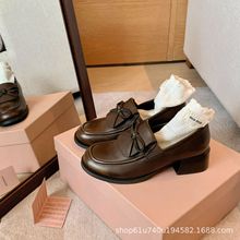 牛皮版~2025秋季新款真皮乐福鞋女粗跟蝴蝶结学院风厚底小皮鞋